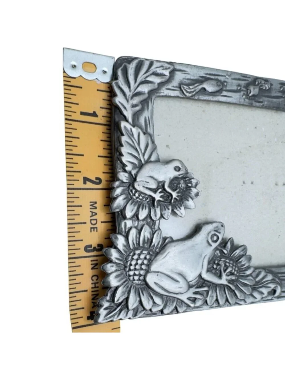 Frog Sunflower Pewter Picture Frame Vintage 3.5